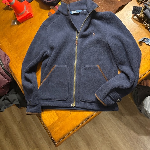 Polo by Ralph Lauren Fleece Navy Jacket with Brown Trim - Picture 3 of 11